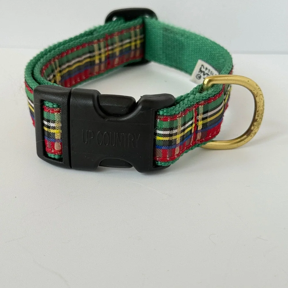 Up Country Dog Collar‎ Medium Green Red Tartan Plaid Adjustable Brass Hardware